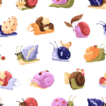 Repeatable pattern of kawaii snails with different emotions. Endless background of happy, angry and sad slugs with cute ornamented shell houses, butterfly and leaf. Flat seamless vector illustration