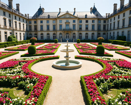 Somptueux jardin a la francaise avec parterres geometriques de fleurs rouges et blanches, fontaine centrale et chateau baroque en arriere-plan, patrimoine architectural et paysager europeen