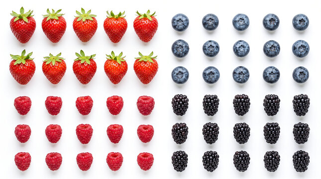 Flat lay grid pattern of fresh strawberries, blueberries, raspberries, and blackberries isolated on white background