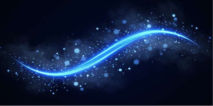 A luminous blue energy wave gracefully sweeps across a dark background, scattering tiny, glowing particles and ethereal mist, creating a sense of magical motion and cosmic wonder.
