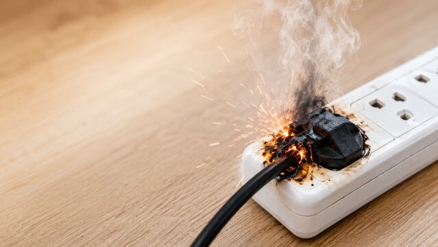 Electrical spark and smoke from overloaded power outlet. Damaged wall socket with burning plug. Danger of short circuit and fire hazard in home wiring