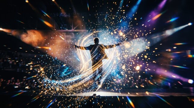 Performer on stage with dazzling light show and confetti, dynamic energy