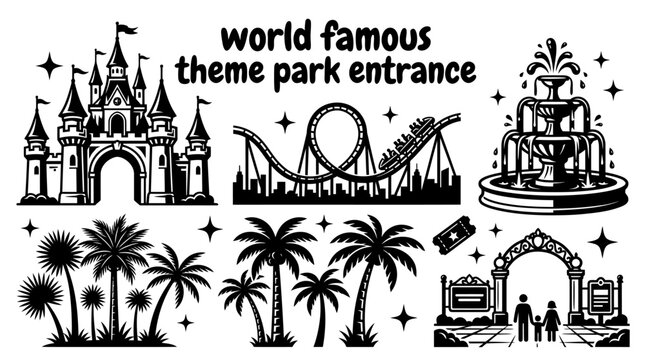 grand florida theme park entrance featuring castle inspired architecture roller coaster skyline decorative fountains palm trees and welcoming plazas creating an exciting family entertainment vector