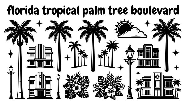 wide florida boulevard lined with towering royal palm trees landscaped gardens luxury resorts decorative lighting and bright tropical skies creating an elegant coastal streetscape
