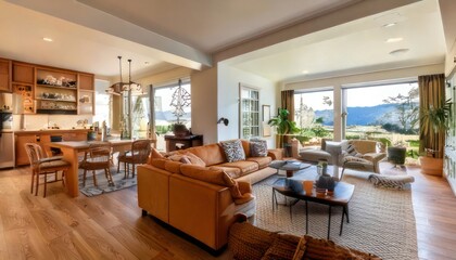 Fototapeta premium Spacious modern living room and kitchen with large windows and scenic mountain view.