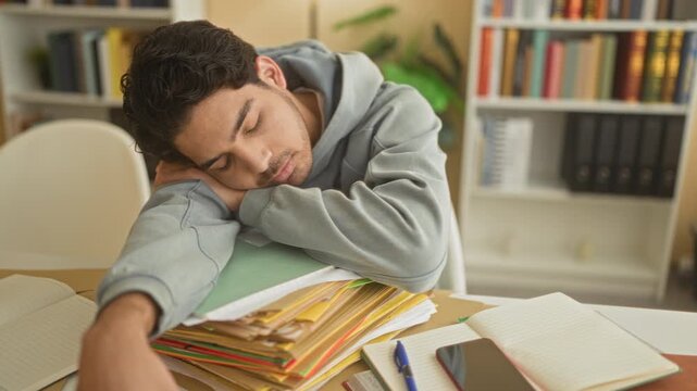 Young man asleep with head resting on a stack of notebooks and folders at a study desk lined with bookshelves; academic fatigue.