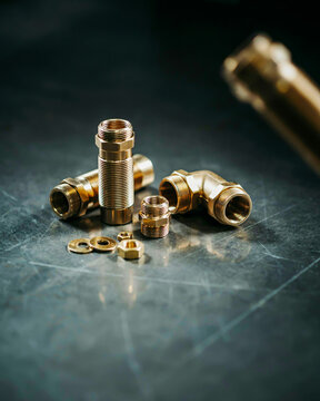 Brass plumbing fittings arranged on a metallic surface with scattered washers