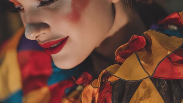 An artistic shot of a colorful clown with dramatic makeup, focusing on the face and costume.