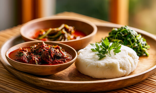 Traditional Zimbabwean sadza cornmeal porridge served with rich beef stew and greens