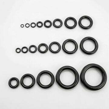 An overhead showcases various sized industrial O-rings arranged in rows on a surface.