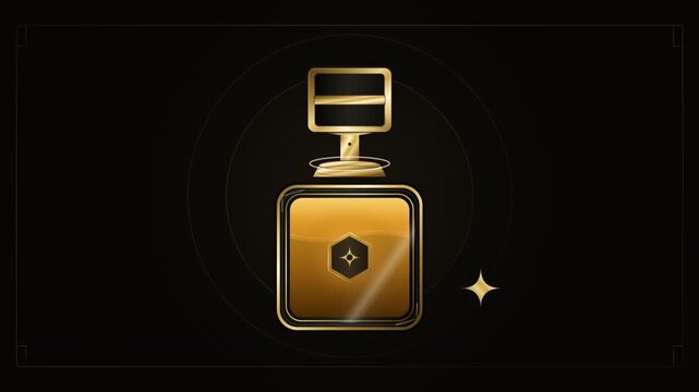 Animated golden luxury perfume bottle opening on a dark background.