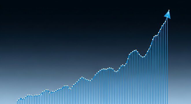 Financial growth chart with a blue line graph and vertical bars rising upwards, ending with an arrow pointing to the right corner