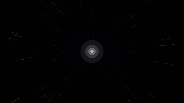 Neon multicolor burst speed lines hyperspace background on void, warp speed motion loop
