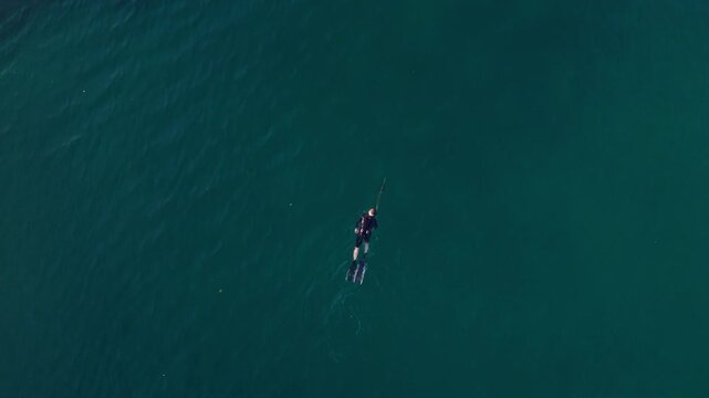 Aerial top down view of the spearfisherman swimming in the open sea