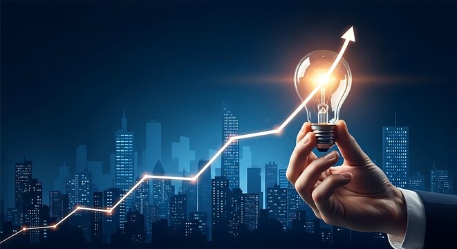 Hand holding a glowing light bulb with a rising financial growth arrow chart overlay against a dark blue silhouette of a modern city skyline