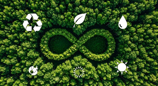 Aerial view of a lush green forest with an infinity symbol shape formed by trees, surrounded by white representing nature and sustainability