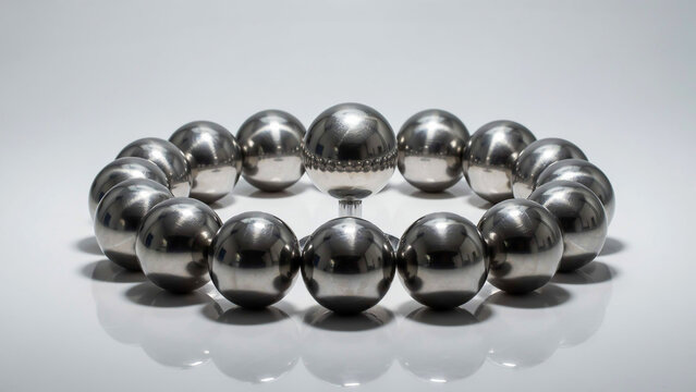 A close-up shot of a shiny metal beaded bracelet on a reflective surface