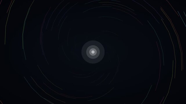 Neon multicolor spiral hyperspace hyperspace background on steel dark, warp speed motion loop