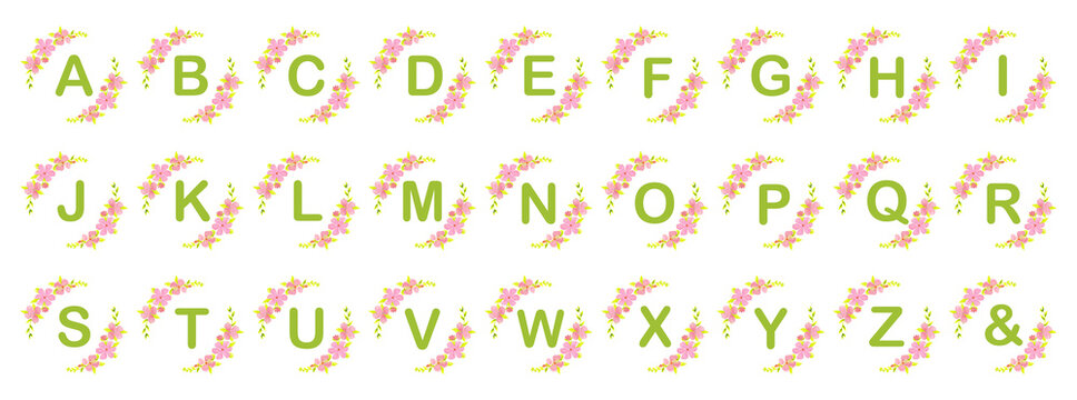 Complete watercolor floral alphabet collection with uppercase letters A to Z and ampersand decorated with pink flowers and green leaves. Hand painted botanical alphabet isolated on white for monograms
