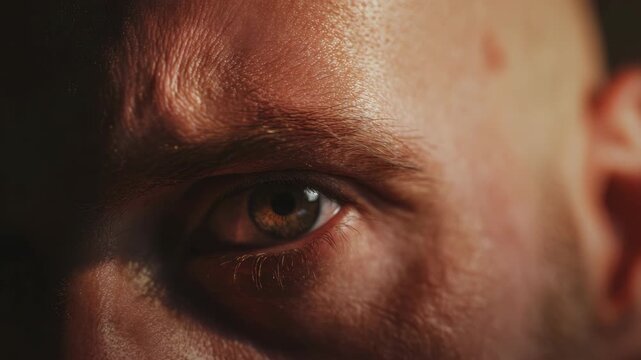 Close-up of a man's face with eyes closed. Soft lighting highlights skin texture and fine lines. Warm tones enhance serene, peaceful expression. Focused on eyelid and brow area in gentle detail