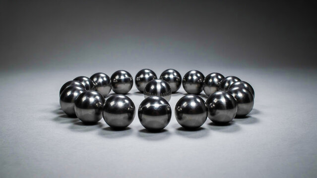 A collection of shiny metallic balls arranged in a circular pattern on a reflective surface indoors.