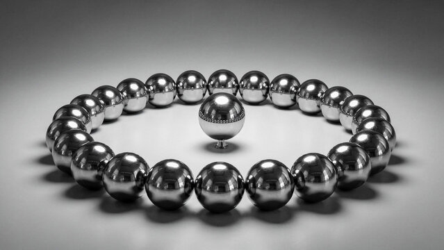 A single metal ball balances precariously on a circular arrangement of similar balls.