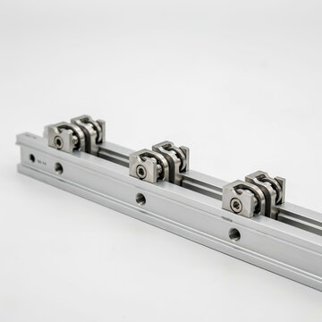 Close-up view of industrial metal linear motion guide rail system with rollers