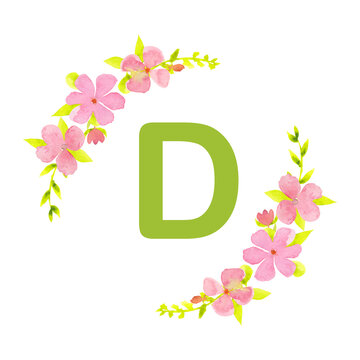 Watercolor floral letter D with pink flowers and green leaves. Hand painted botanical alphabet isolated on white for monograms, wedding stationery, invitations, nursery decor and spring designs.