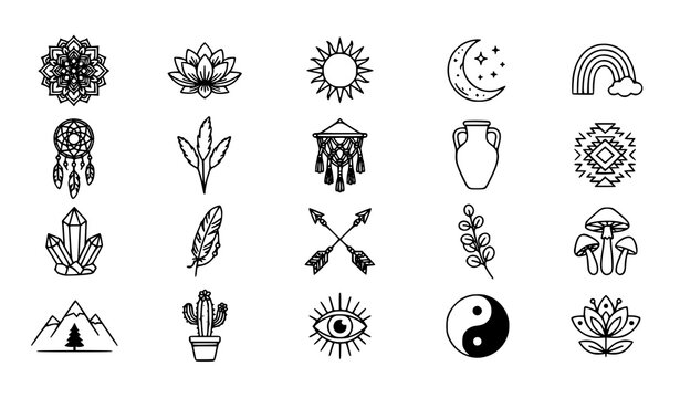 Boho Celestial Nature Icon Collection with Sun Moon Rainbow Lotus and Spiritual Outline Symbols