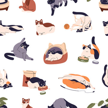 Repeatable pattern of cute cats. Endless background of naughty kittens, playing, cleaning, sleeping and eating kitties. Comic behavior of pets, domestic animals. Flat seamless vector illustration