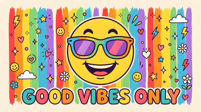 Good Vibes Only Colorful Smiley Face Typography with Rainbow Brush Strokes, Sunglasses Emoji, Hand Drawn Doodles and Positive Quote on White Background