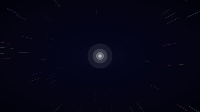 Neon multicolor long light streaks hyperspace background on indigo dark, warp speed motion loop