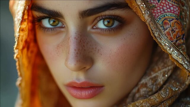 Warm light illuminates a woman's face. Her eyes are a striking green. She wears a patterned, draped headscarf. Her skin bears subtle freckles and soft makeup. Her lips are gently parted, serene