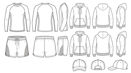 Naklejka premium Blank Technical Flat Sketches of Hoodie, Raglan Shirt, Shorts and Cap Vector Template