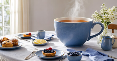 Fototapeta premium Warm tea sits in a large blue cup on a blue table setting with pastries and berries for a morning meal in a bright room