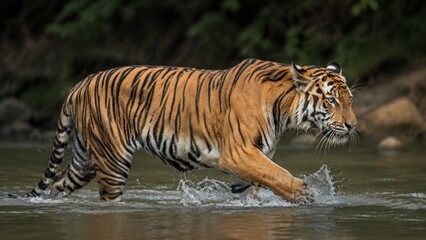 Obraz premium Large Bengal tiger walking through shallow water with muscular body in motion showing orange and black striped fur against a dark forest background, underscoring the wildlife