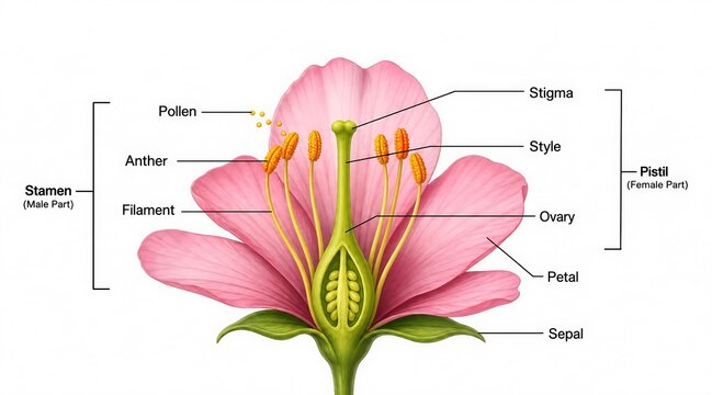Close up of a pink flower with labeled parts including pistil stamen petal sepal