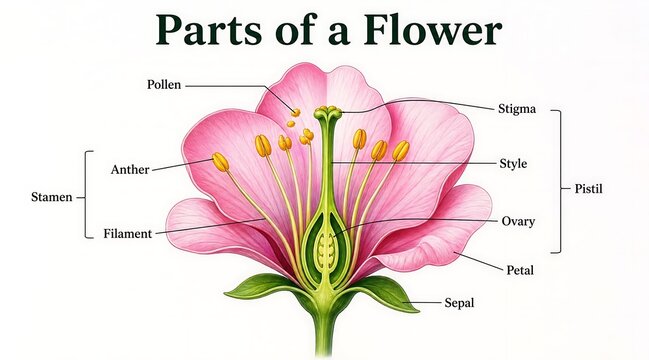 Diagram of parts of a flower with labels filament reproduction education