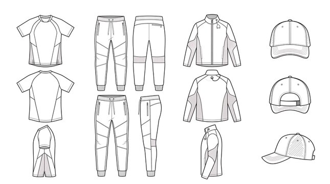 Technical sketch vector set of activewear clothing, including t-shirt, jacket, joggers, and cap template designs