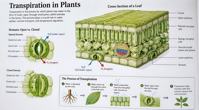 Transpiration in plants diagram with labeled parts and process, transpiration