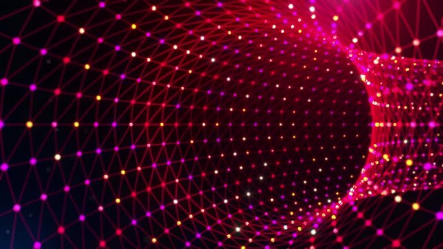 Seamless looping 3D wireframe wormhole animation with glowing particles and dynamic camera movement, perfect for AI, cloud computing, digital transformation, and futuristic technology productions.
