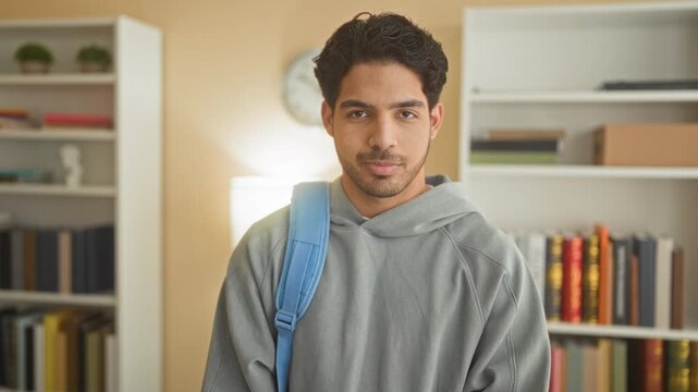 Young man smiling, carrying a backpack over one shoulder and facing camera in a home library study; study ambition confidence.