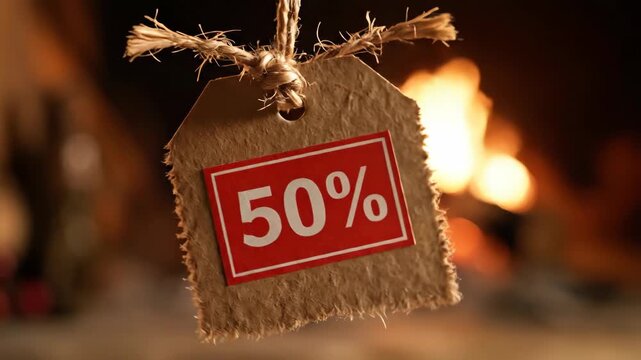 Rustic 50% discount tag hanging by twine in warm light