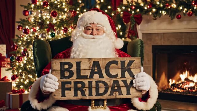Santa Claus holds Black Friday sign in festive Christmas room
