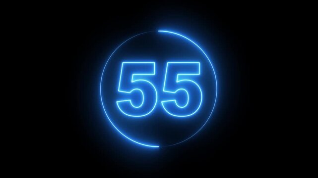 Neon Circle countdown timer animation from 60 to 0 second animation on black background with alpha channel, 60 seconds countdown timer. Neon bright glowing countdown timeR 60 seconds