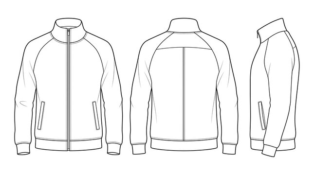 Vector technical drawing of a full-zip track jacket shown from front, back, and side views, ideal for fashion design and apparel prototyping