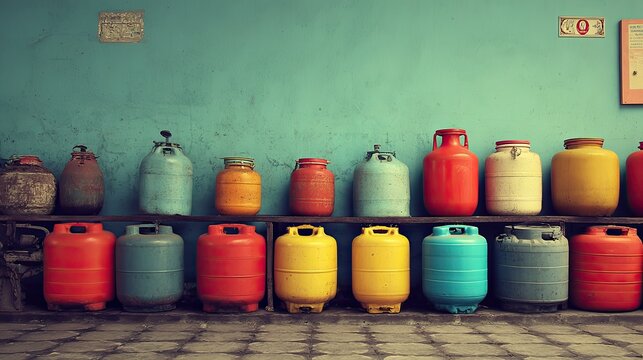 Colorful Gas Cylinder Arrangement on Shelves Against Wall Background