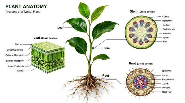 Detailed plant anatomy illustration showing internal structure and functions