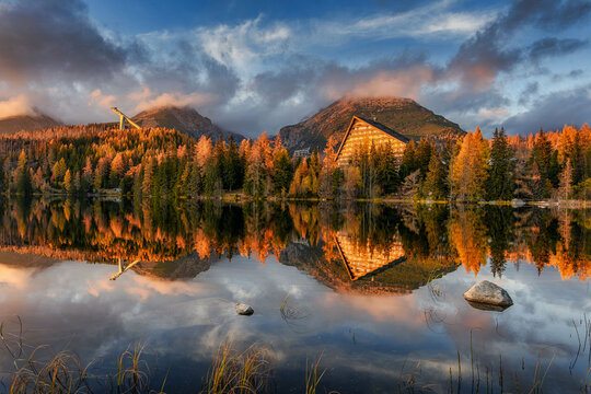 sunset at Lake Strbske Pleso in autumn