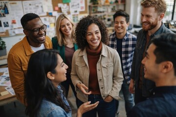 Fototapeta premium Diverse group of people smiling and chatting in a creative office space.